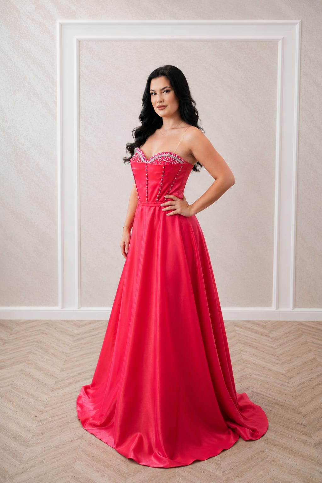 Rochia Barbie – Rochie  eleganta din satin lichid cu corset si pietre sclipitoare