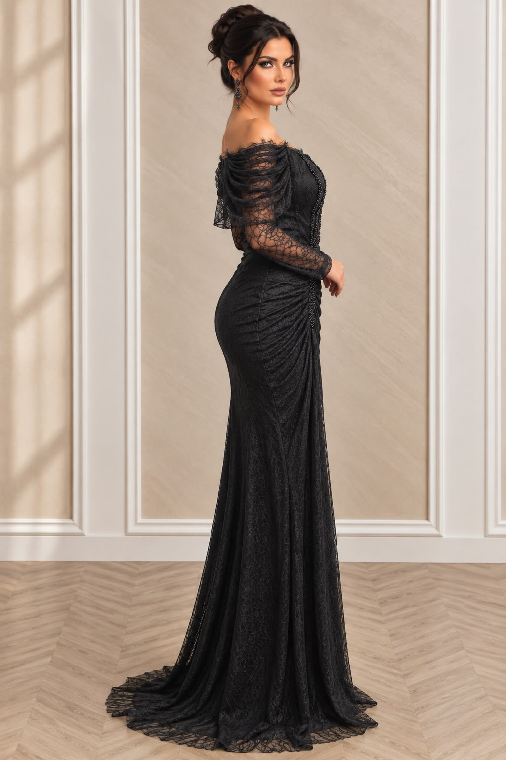 Rochia Aurora - Rochie lunga din Dantela Chantilly accesorizata cu perle