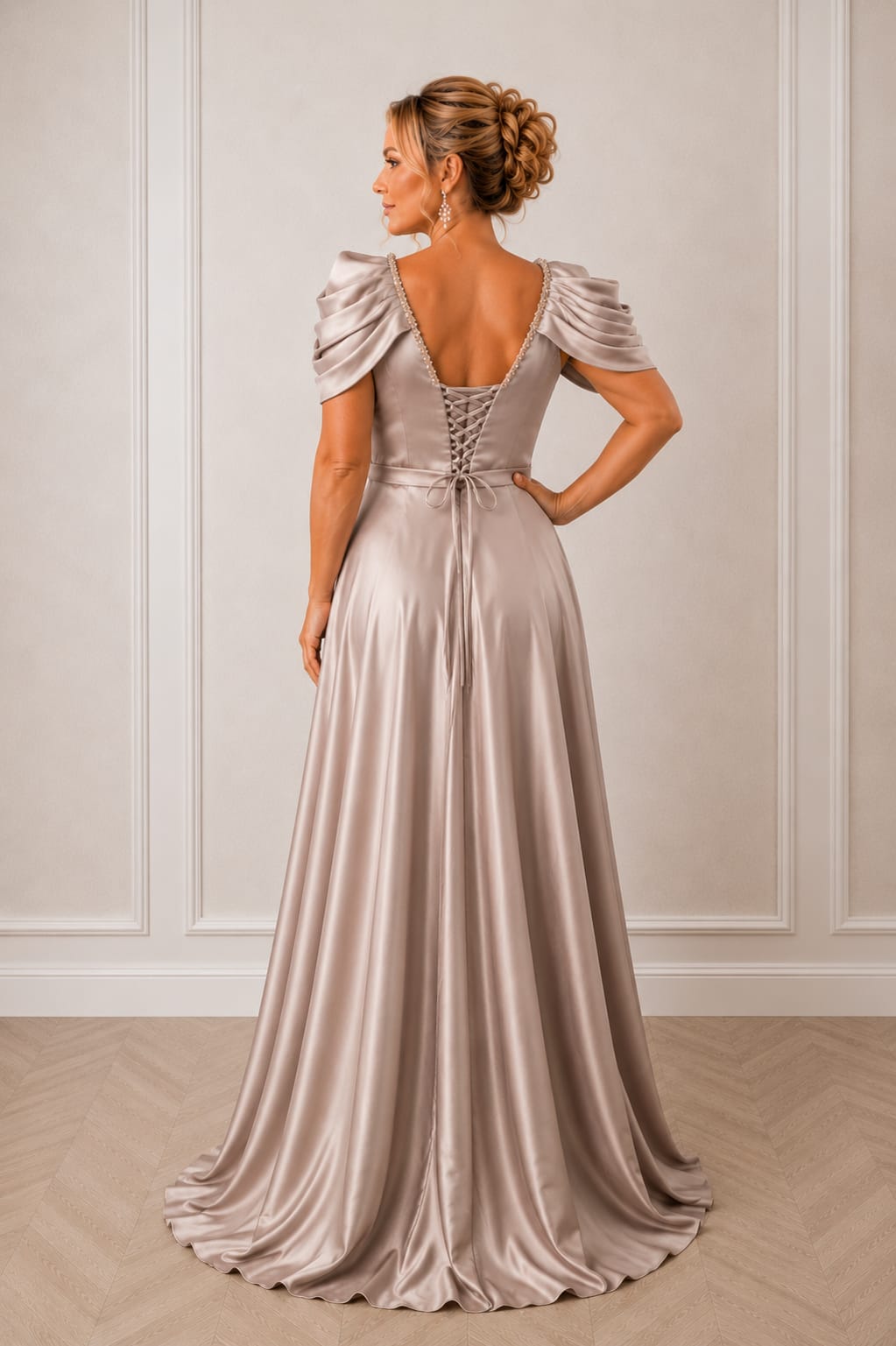 Rocia Lonicera - Rochie lunga simpla din satin cu drapaje peste brate disponibila in 3 nuante