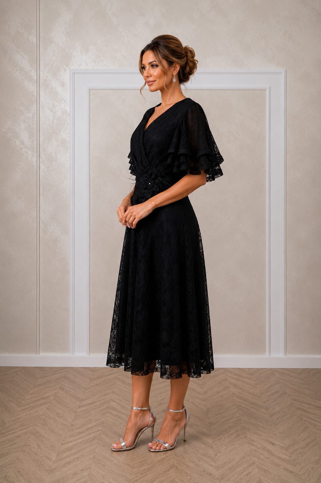 Rochia LOVE Midi - rochie lungime midi din dantela  cu maneci vaporoase