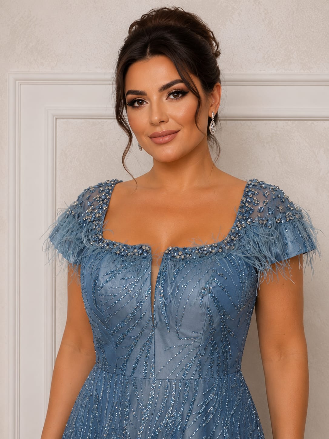 Rochia Viva – Rochie lunga eleganta albastru prafuit cu aplicatii stralucitoare si corset reglabil