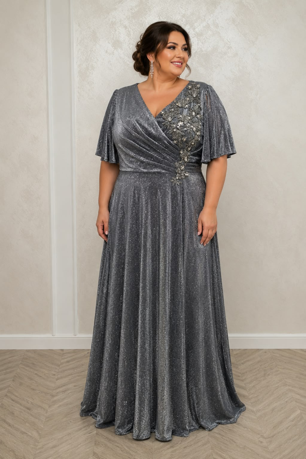 Rochie lunga eleganta marimi mari Dida din lurex cu dantela