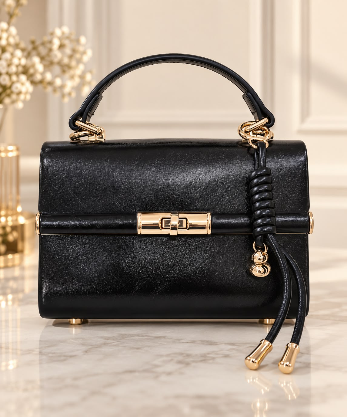 Geanta dama eleganta neagra cu accesorii aurii si maner