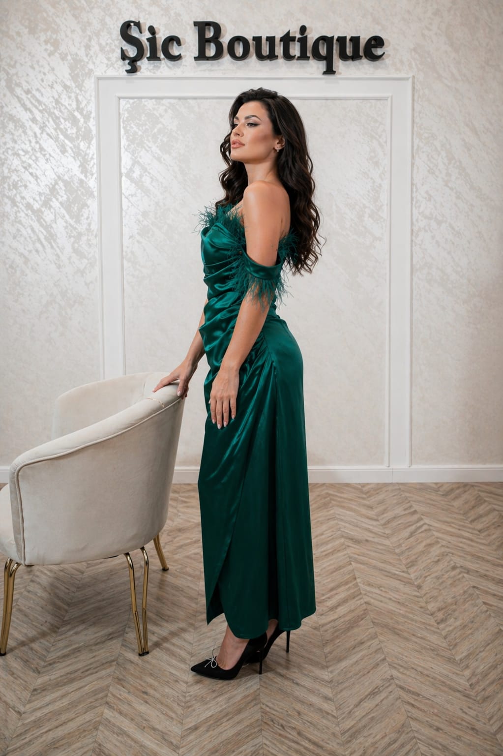 Rochia Georgia - rochie eleganta midi verde smarald din satin