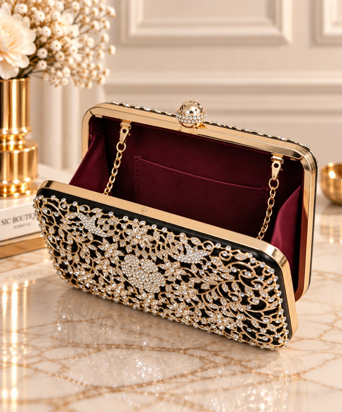 Geanta Clutch Neagra cu Broderie Aurie si Cristale