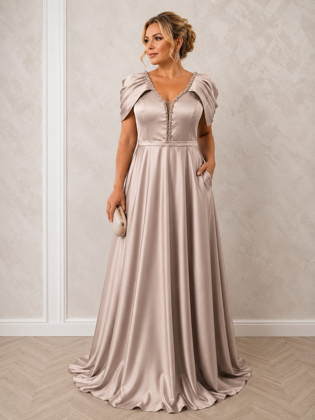 Rocia Lonicera - Rochie lunga simpla din satin cu drapaje peste brate disponibila in 3 nuante