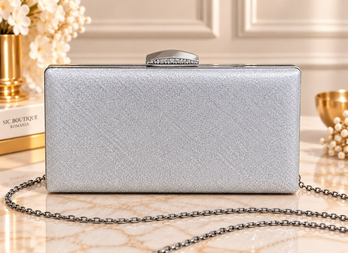 Geanta Clutch argintie cu strasuri