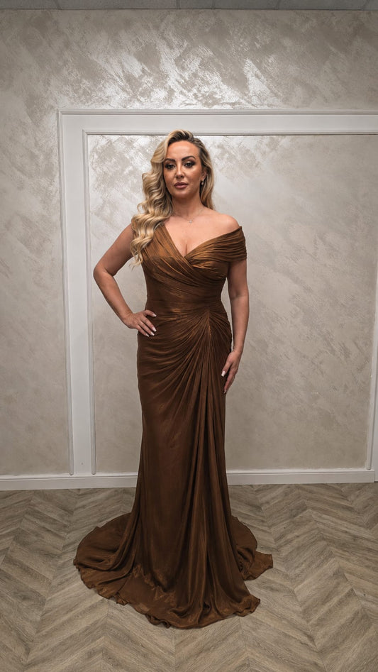 Rochia Bronze Glow - rochie simpla si eleganta din matase cu drapaje si croi asimetric