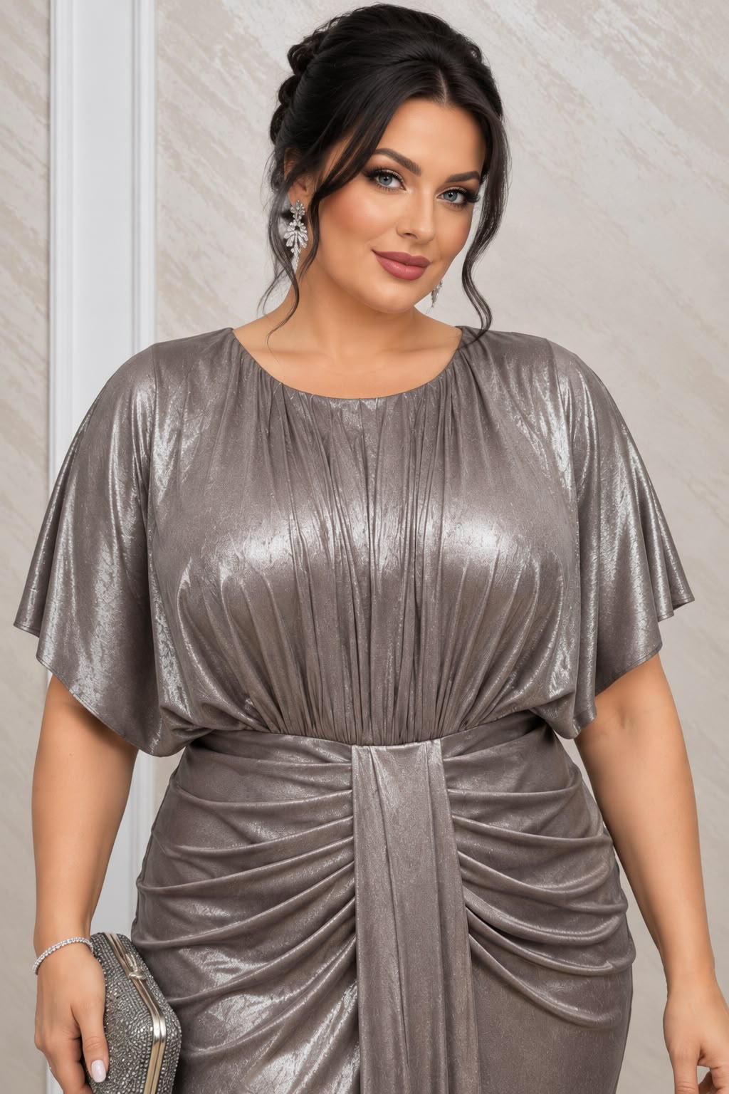 Rochie Anisia Lunga de Seara cu Drapaje si Efect Metalizat