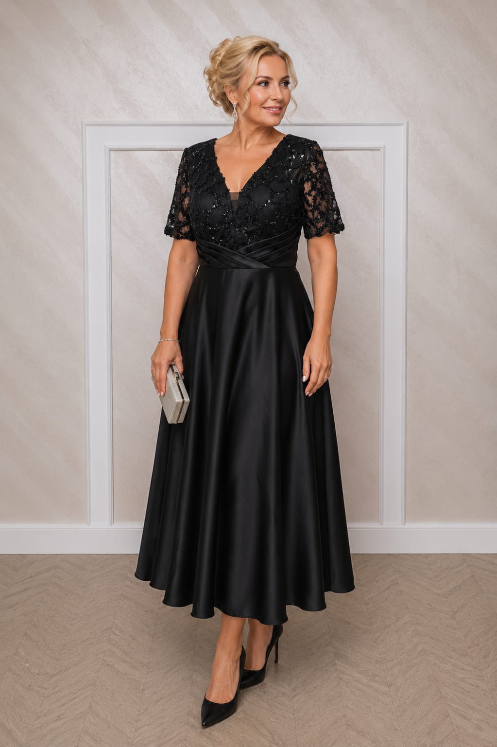 Rochia Luana Midi - Rochie din satin si dantela lungime midi pentru asuri medii si plus size