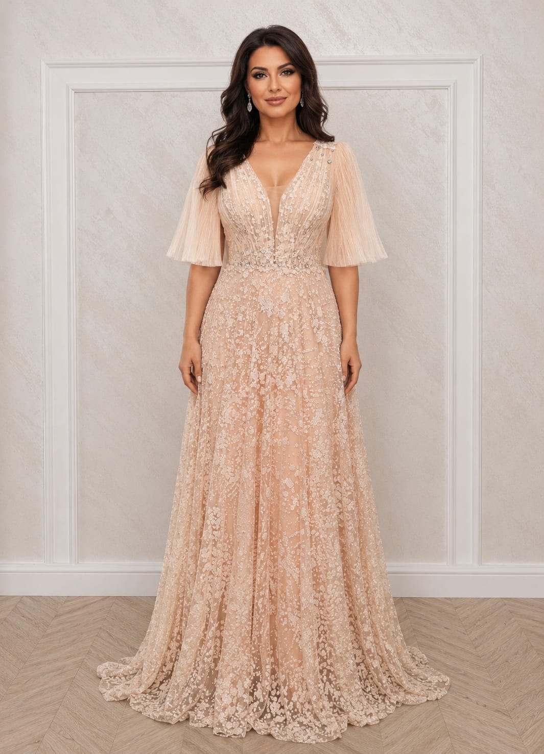 Rochia Reset - Rochie de seara lunga nude champagne cu broderie stralucitoare