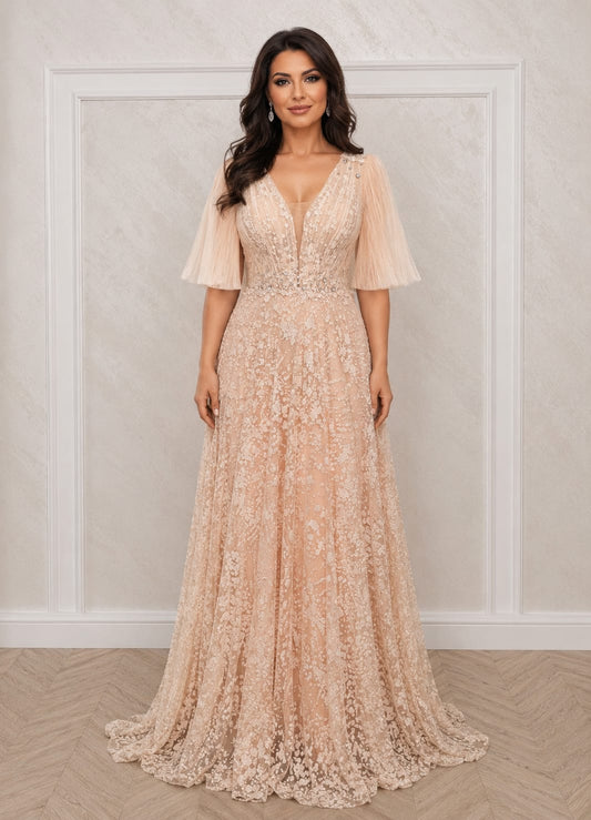 Rochia Reset - Rochie de seara lunga nude champagne cu broderie stralucitoare