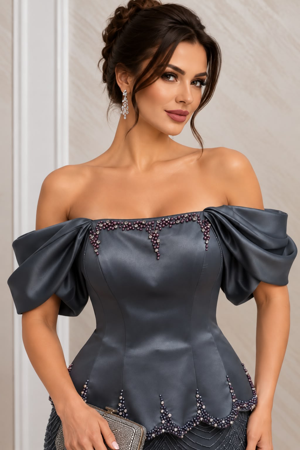Rochie Odrelia - Rochie lunga sirena cu corset reglabil si perle - Gri