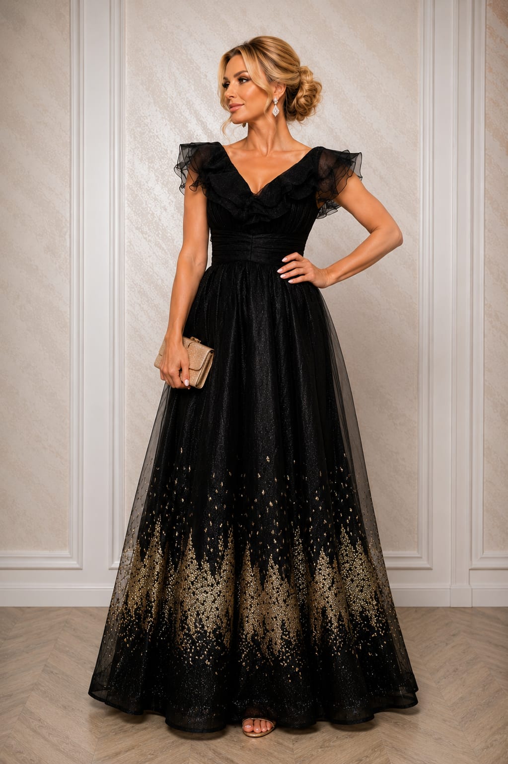 Rochia Dya – Rochie eleganta in tonuri de negru si auriu