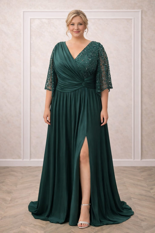 Rochia Belabona – Rochie eleganta lunga verde smarald plus size cu drapaje