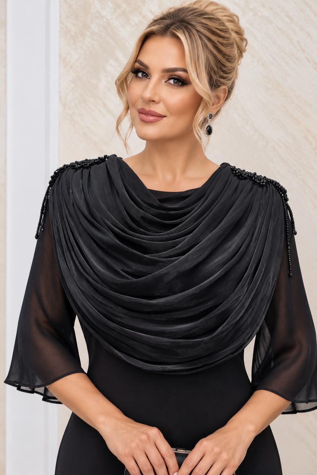 Rochia Sevo midi neagra cu drapaj si maneci din organza