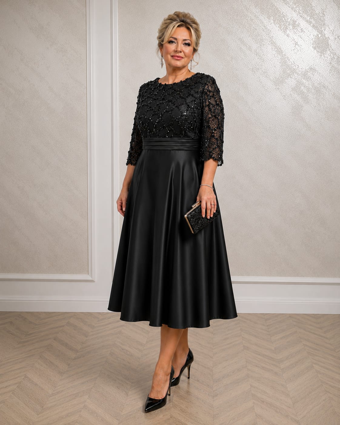 Rochie Dixi – Rochie eleganta din satin pentru doamne Plus Size, cu bust din dantela si maneca scurta