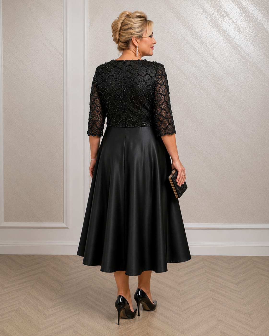 Rochie Dixi – Rochie eleganta din satin pentru doamne Plus Size, cu bust din dantela si maneca scurta