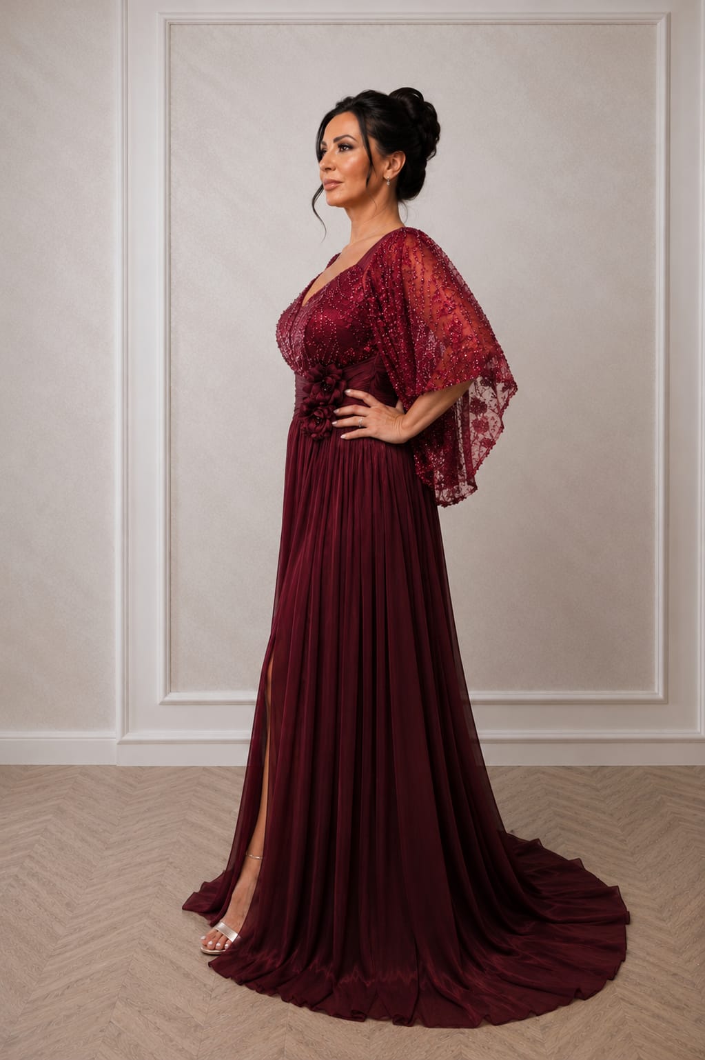 Rochie Elegantă Nuance – Rochie din matase arificiala si dantela cu maneci supradimensionate dar vaporoase. Ediție Limitata