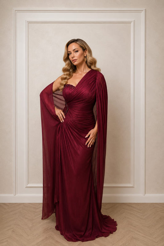 Rochia Desire – Rochie eleganta luxury bordo din matase artificiala cu maneca tip esarfa