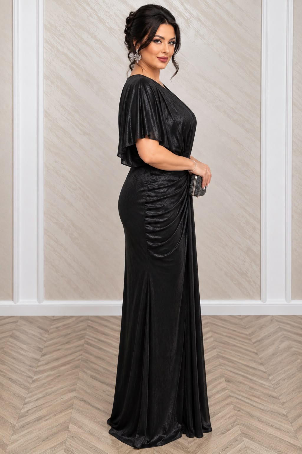 Rochie Anisia Lunga de Seara cu Drapaje si Efect Metalizat