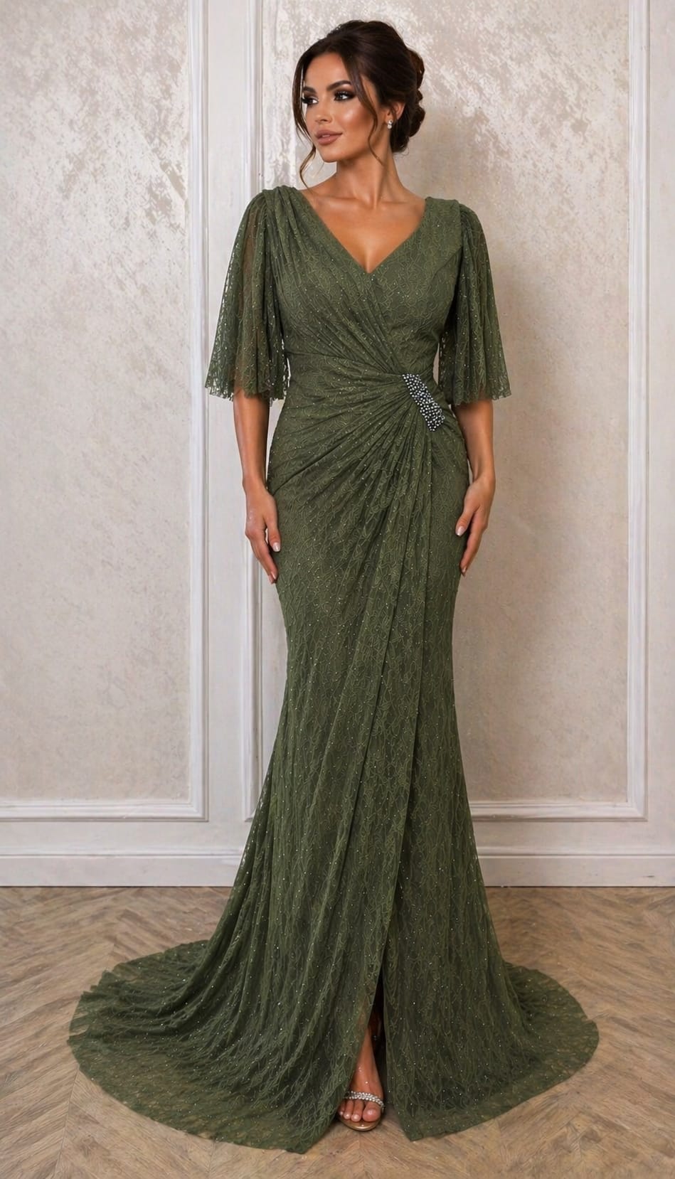 Rochia Lana – Rochie eleganta lunga neagra  sau verde oliv din dantela Chantilly plus size, croi sirena