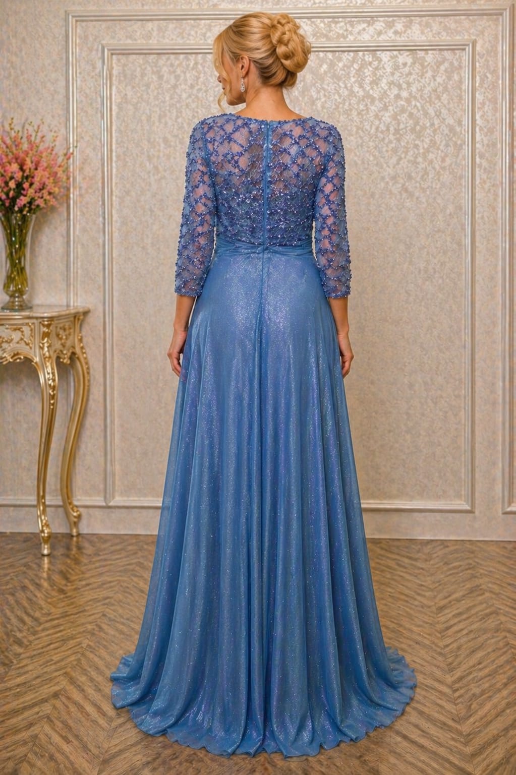 Rochie Bella Lux Eleganta din Voal Sclipitor – Maneci 3/4, Croiala Fluida, Efect de Subtiere