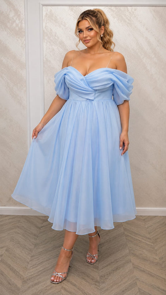 Rochia Baby - rochie nuanta baby blue sau roz pudrat voal corset umeri cazuti