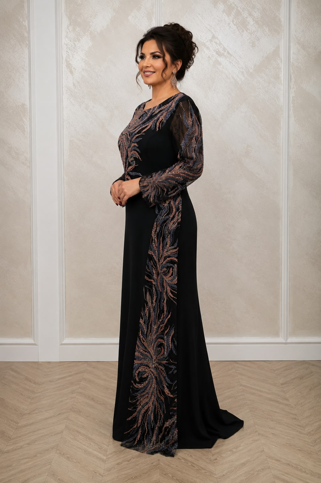 Rochia Amelia - Rochie lunga de seara neagra cu broderie multicolora