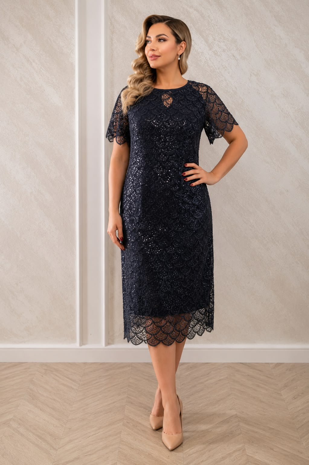 Rochia Forever – Rochie Eleganta Midi din Dantela Perlata