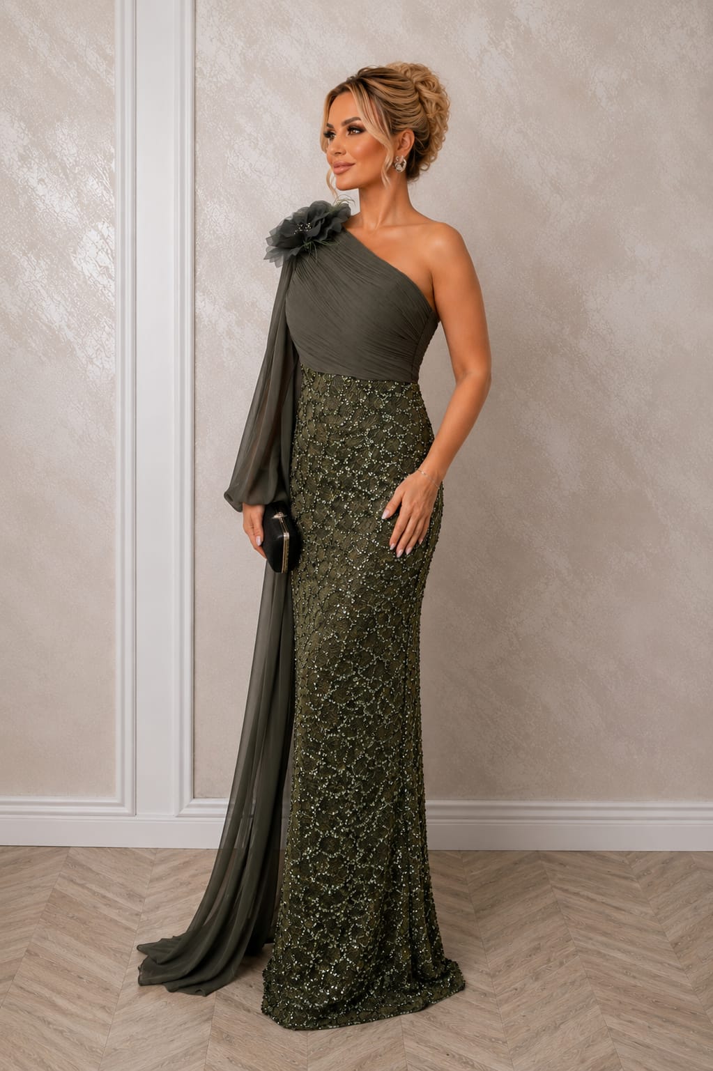 Rochia Elegance - rochie lunga neagra sau verde oliv-auriu couture cu paiete, esarfa si detalii premium. Perfecta pentru evenimente speciale