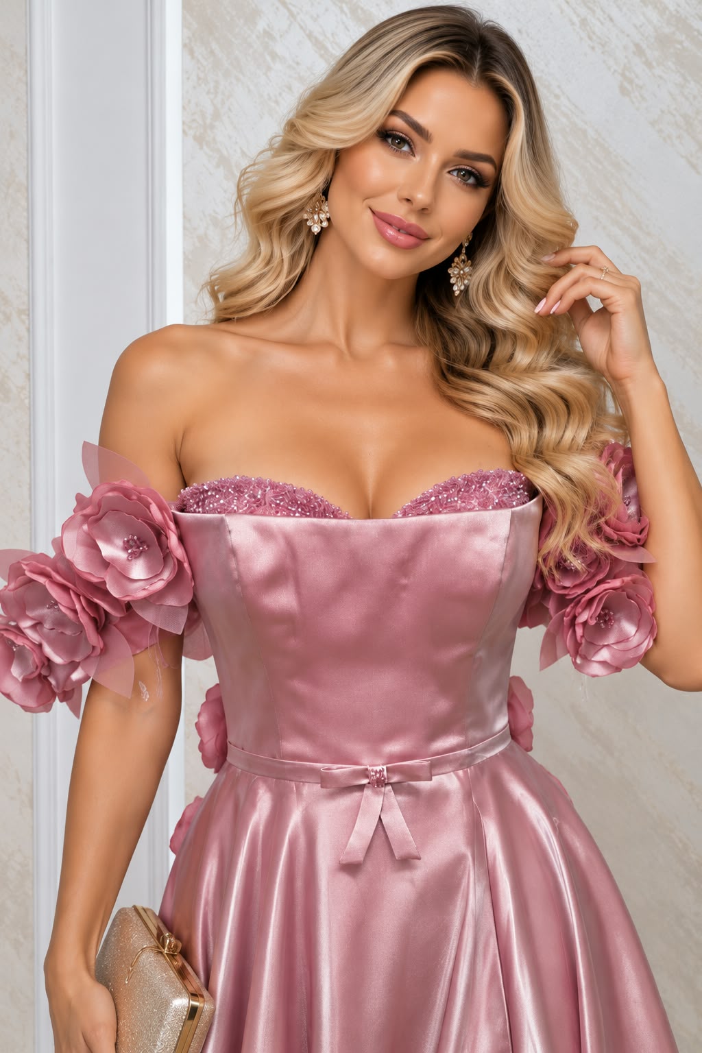 Rochie Floria lunga din satin cu corset si flori 3D