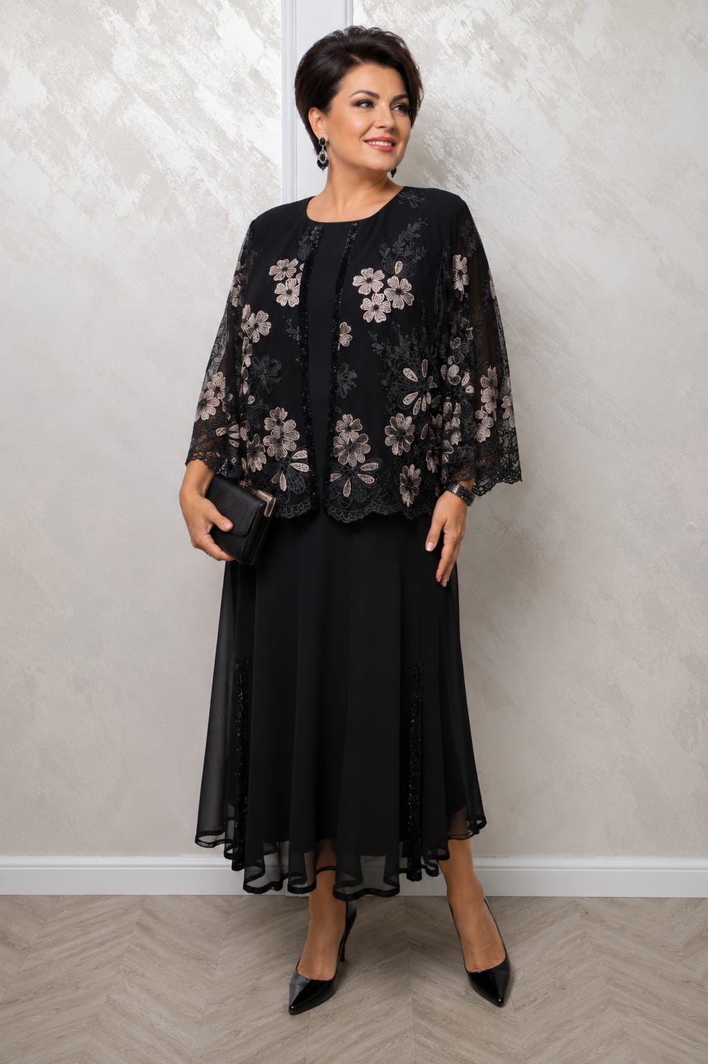 Rochie Anemona – Rochie eleganta Plus Size cu bolero din voal si broderie florala