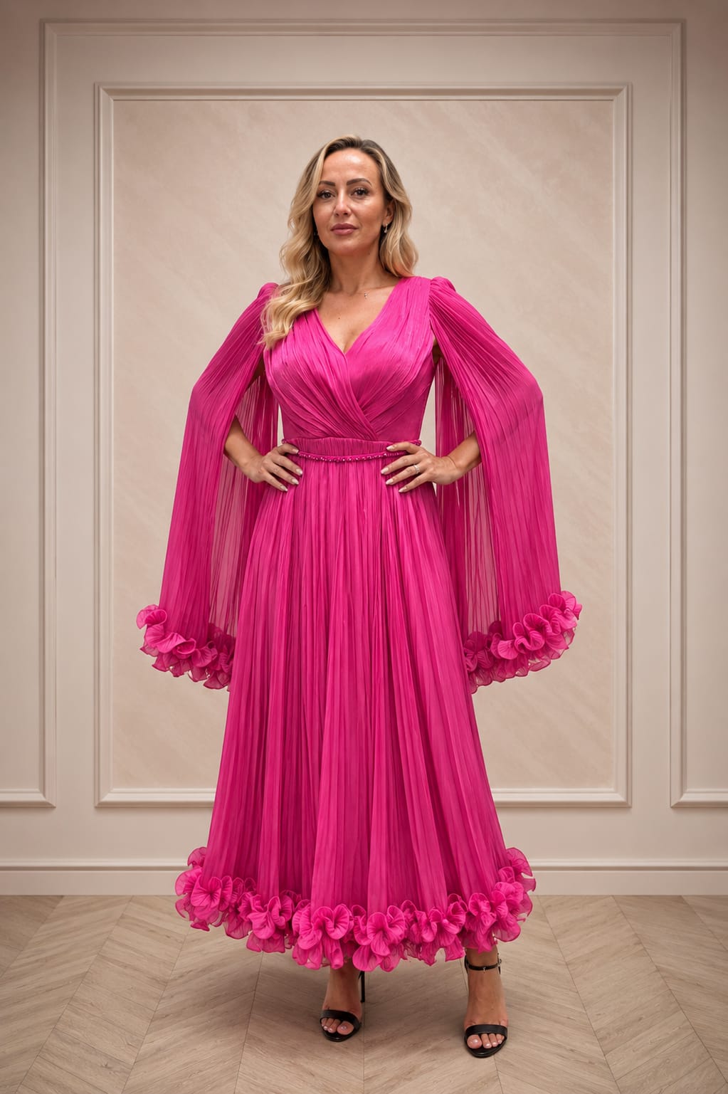 Rochia Selecta - Rochie eleganta in nuante de Fuxia , Turcoaz sau Ciocolatiu din matase artificiala cu maneci vaporoase