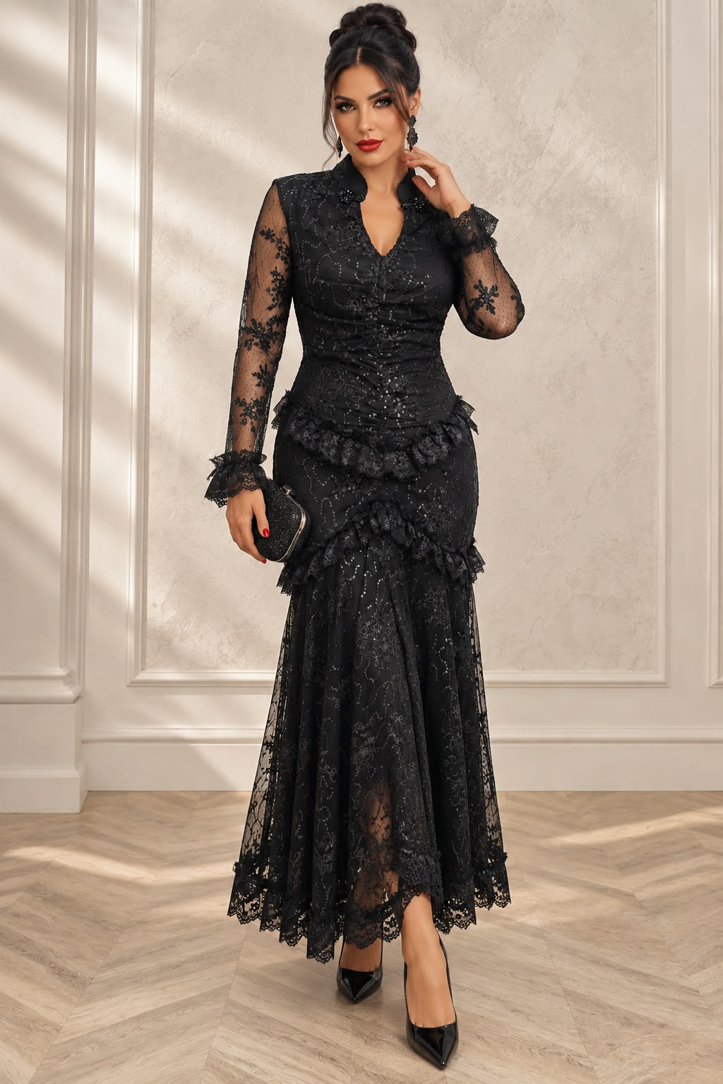 Rochia Suave neagra lunga din dantela Chantilly