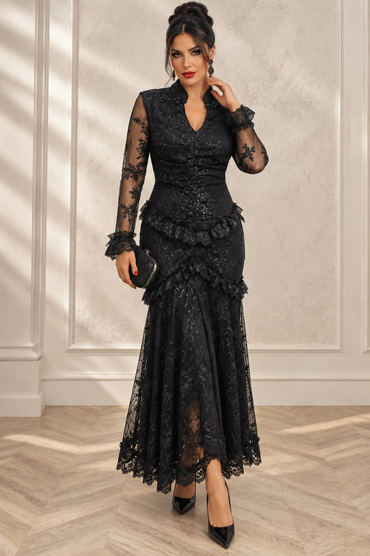 Rochia Suave neagra lunga din dantela Chantilly