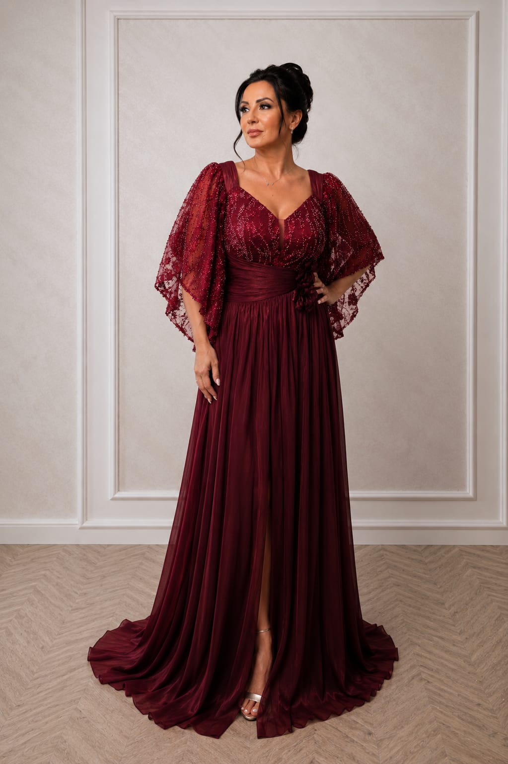 Rochie Elegantă Nuance – Rochie din matase arificiala si dantela cu maneci supradimensionate dar vaporoase. Ediție Limitata