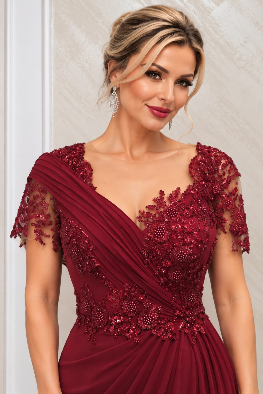 Rochie Maxer Eleganta cu Dantela Brodata si Trena – Negru/Bordo