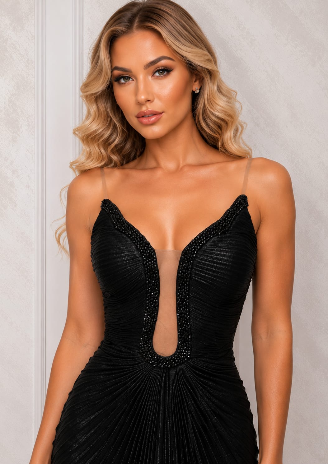 Rochia Aceria – Rochie lunga deosbita cu corset reglabil din voal plisat disponibila in nuanta  de negru sau turcoaz
