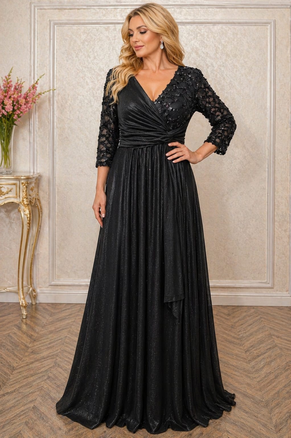 Rochie Bella Lux Eleganta din Voal Sclipitor – Maneci 3/4, Croiala Fluida, Efect de Subtiere