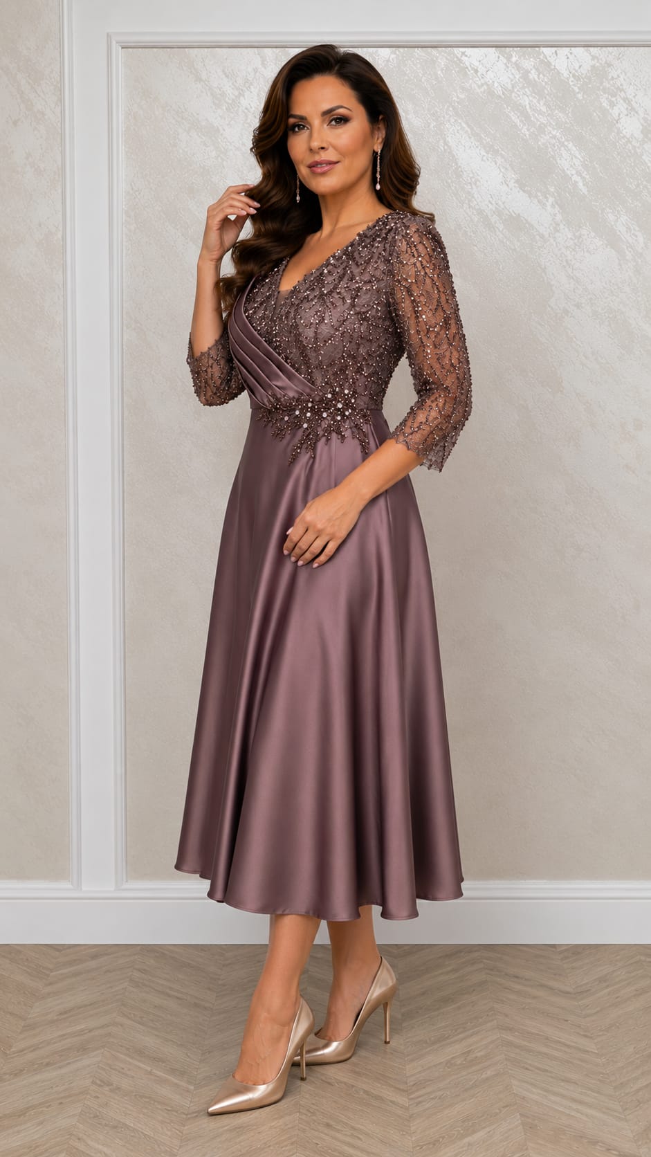 Rochia Lucia Midi - Rochie lungime midi cu maneci din dantela