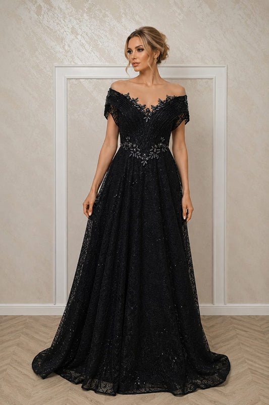 Rochia Dantele - Rochie de ocazie roz pudra / negru – eleganta atemporala din dantela cu Bretele Off Shoulder