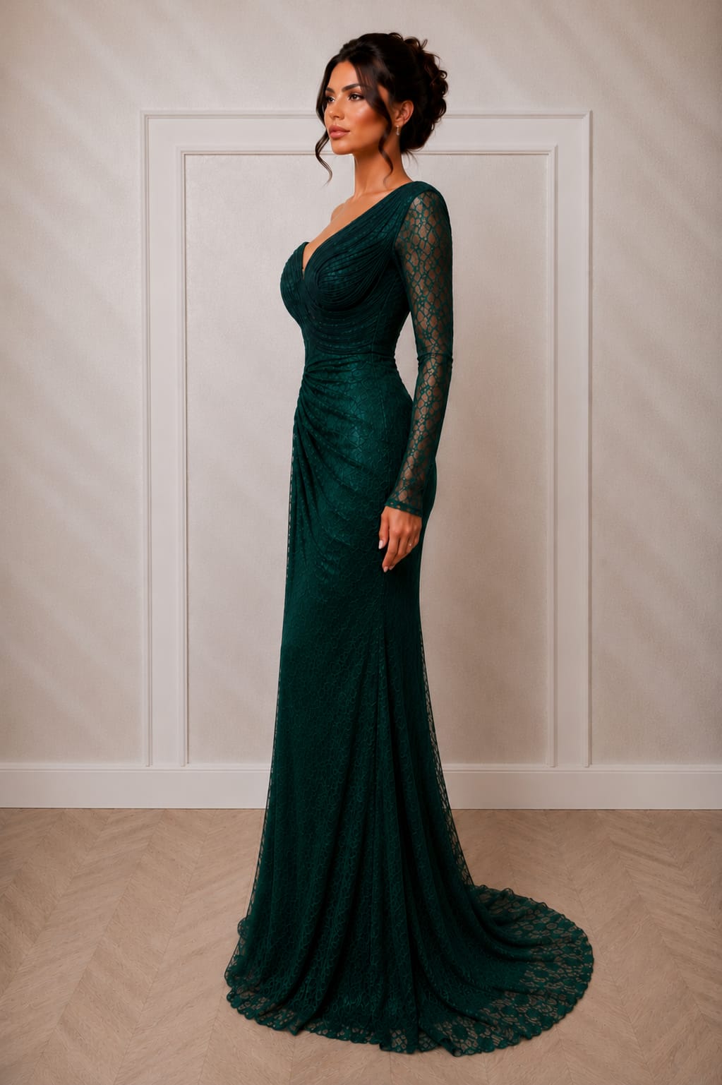 Rochia Misera - Rochie lunga din dantela Chantilly verde smarald