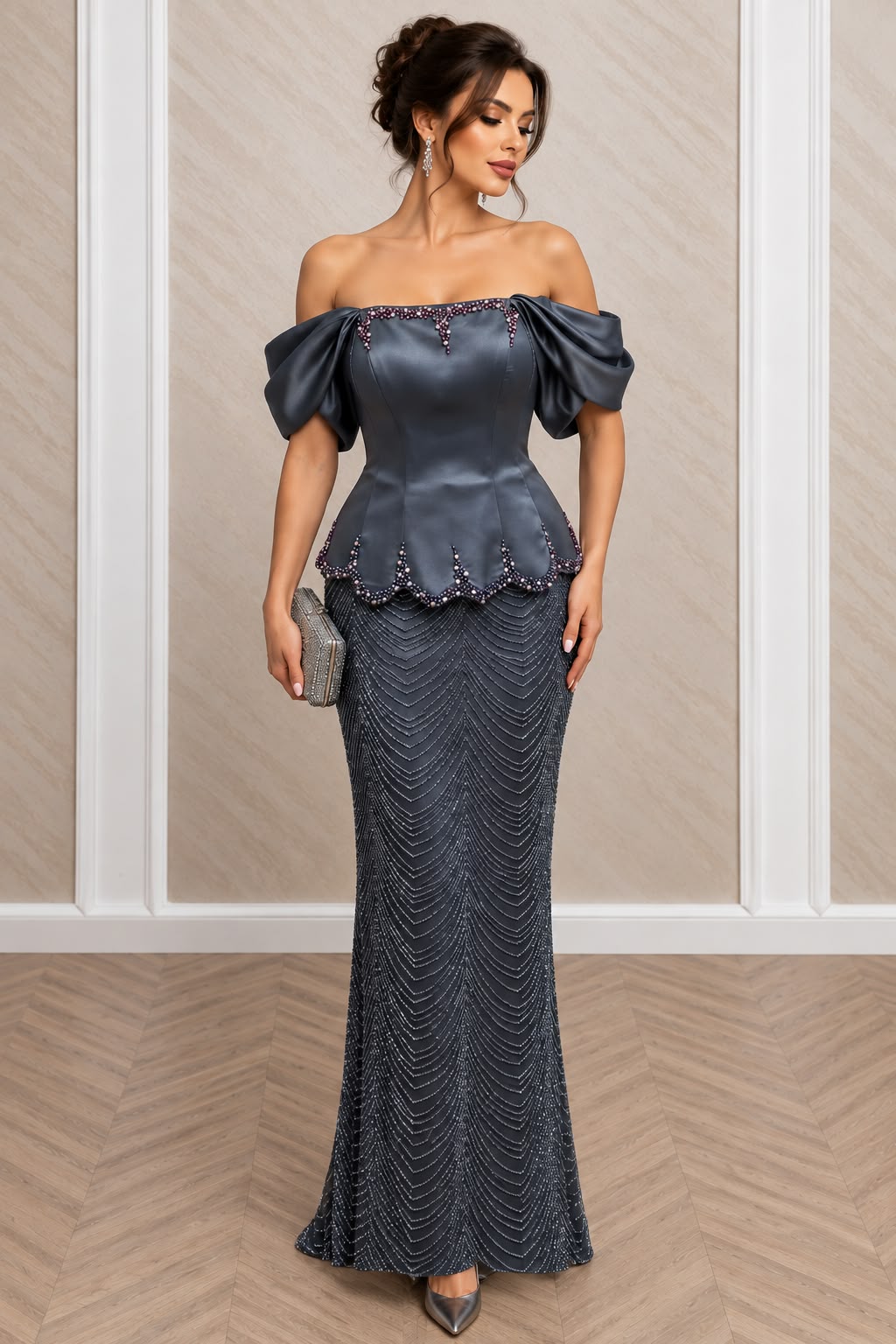Rochie Odrelia - Rochie lunga sirena cu corset reglabil si perle - Gri