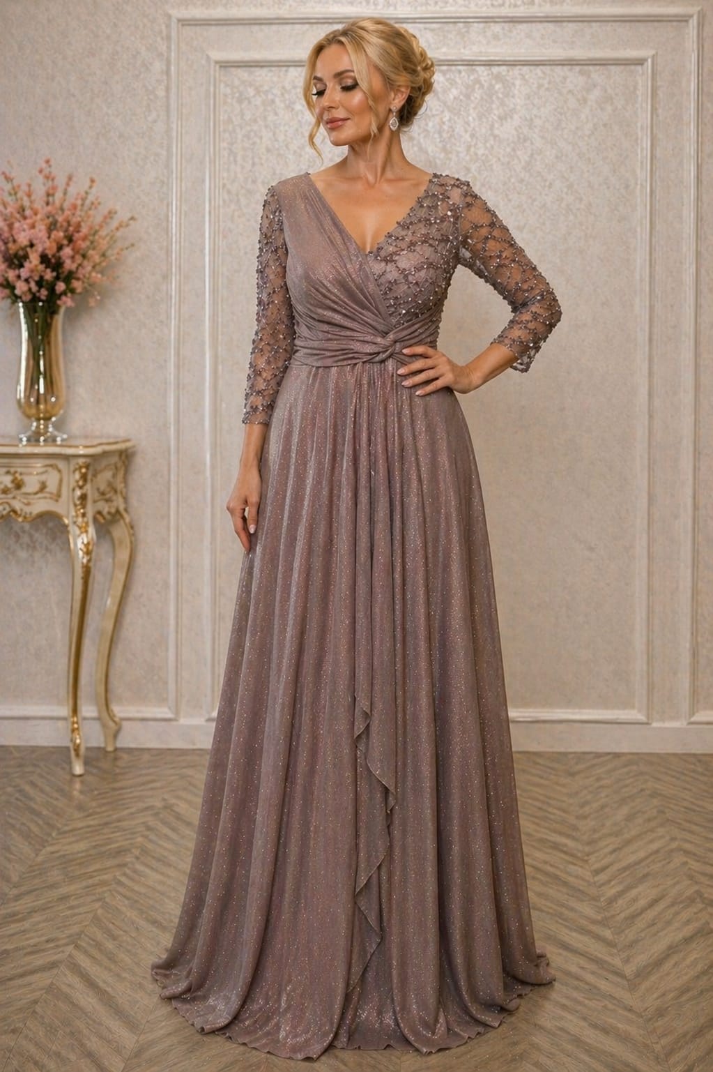 Rochie Bella Lux Eleganta din Voal Sclipitor – Maneci 3/4, Croiala Fluida, Efect de Subtiere