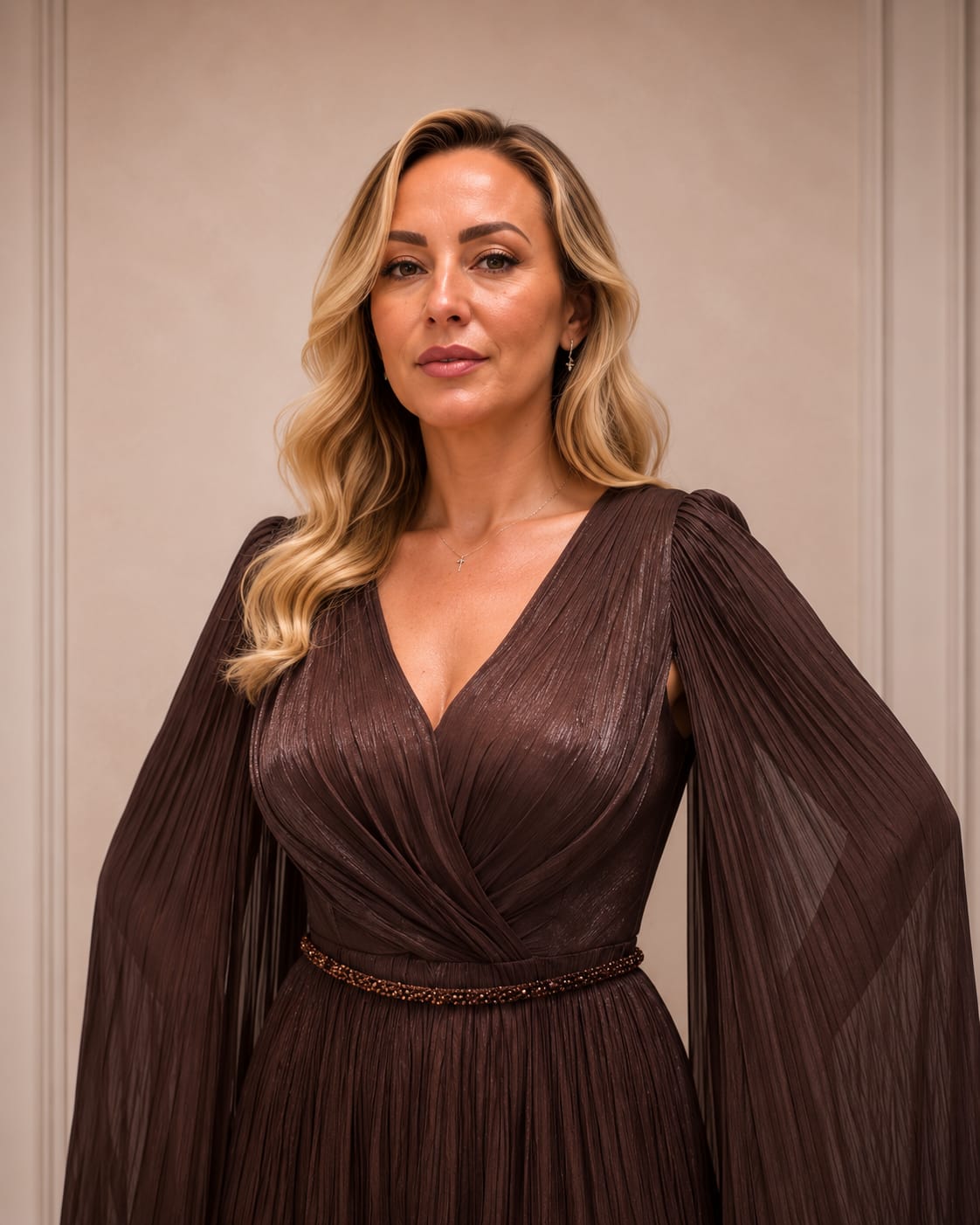 Rochia Selecta - Rochie eleganta in nuante de Fuxia , Turcoaz sau Ciocolatiu din matase artificiala cu maneci vaporoase