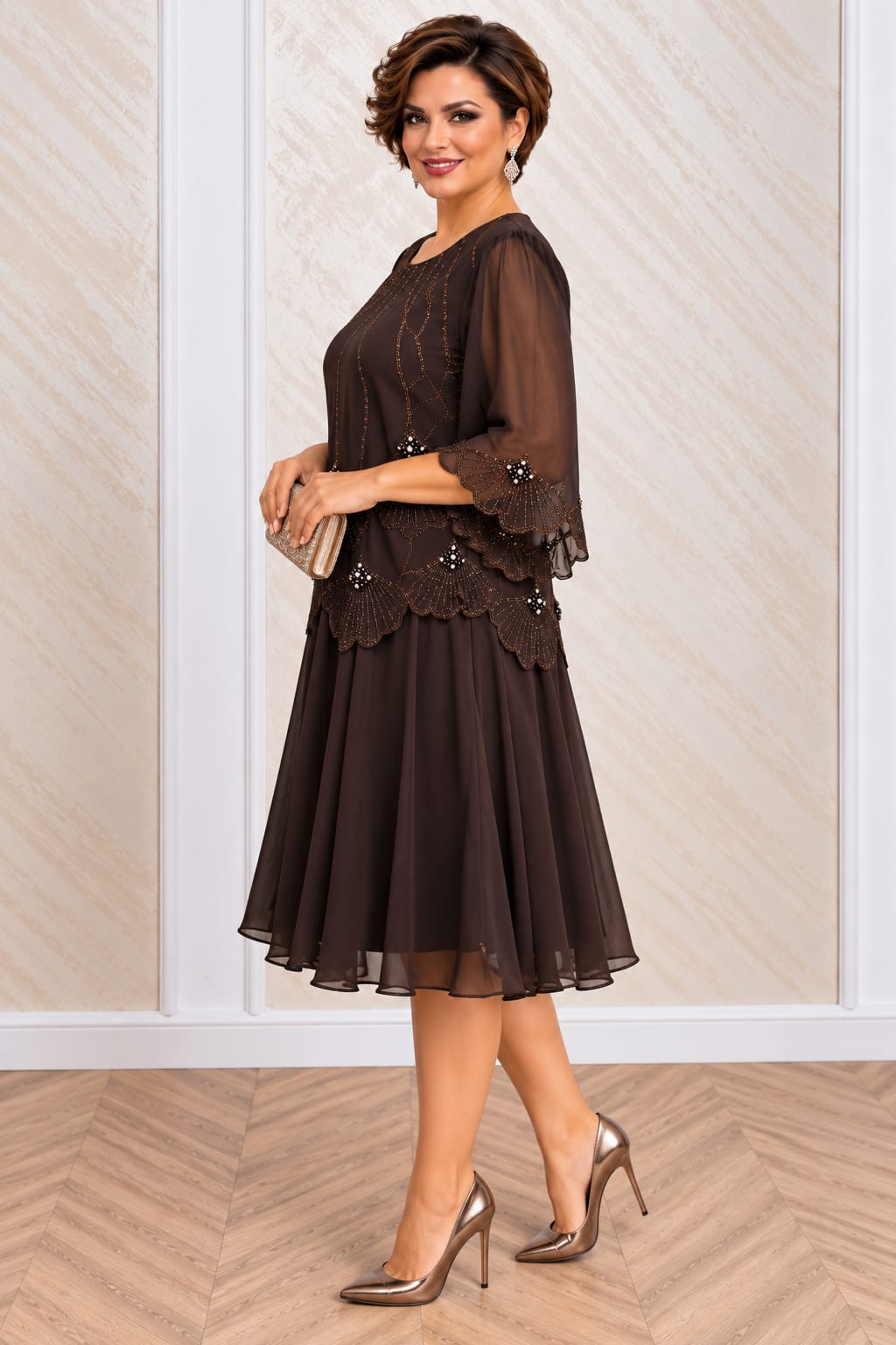 Rochia Ankara - Rochie lungime midi din triplu voal ciocolatiu cu paiete si perle