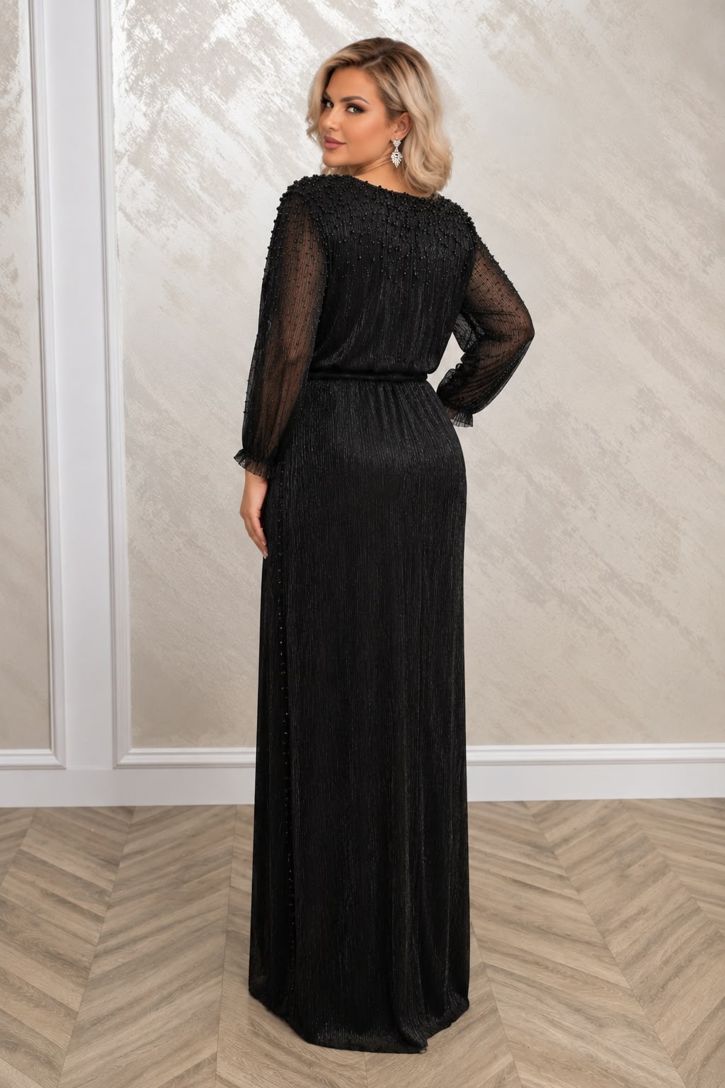 Rochie Oslo - Rochie lunga din voal peliculizat metalizat in nuante negru si ciocolatiu