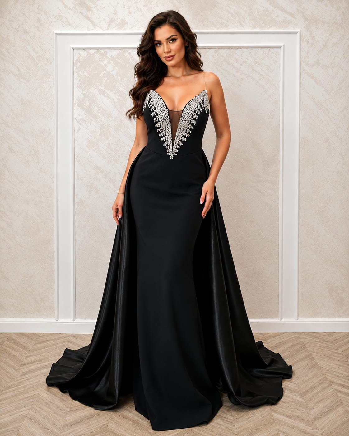 Rochia Kristal - Rochie neagra cu trena lunga din satin lichid si corset decoltat
