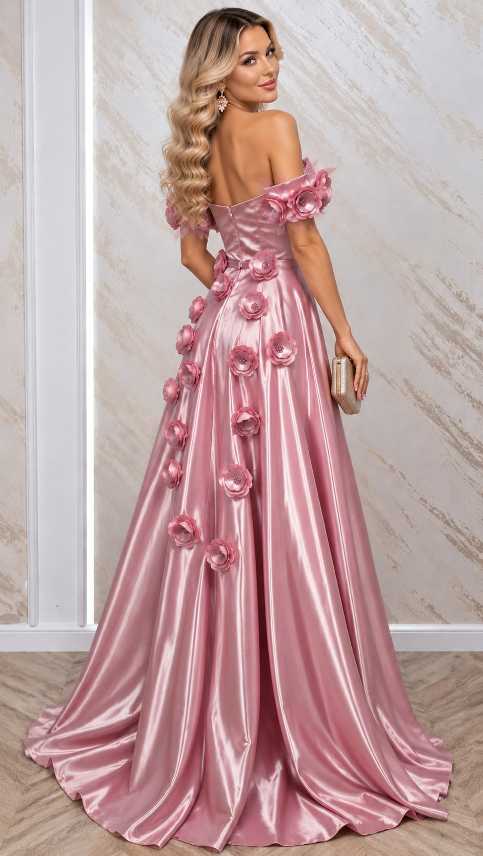 Rochie Floria lunga din satin cu corset si flori 3D